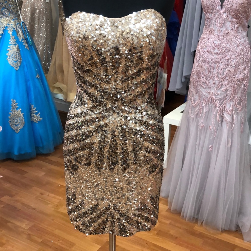 Gold Sequin Strapless Prom Dress